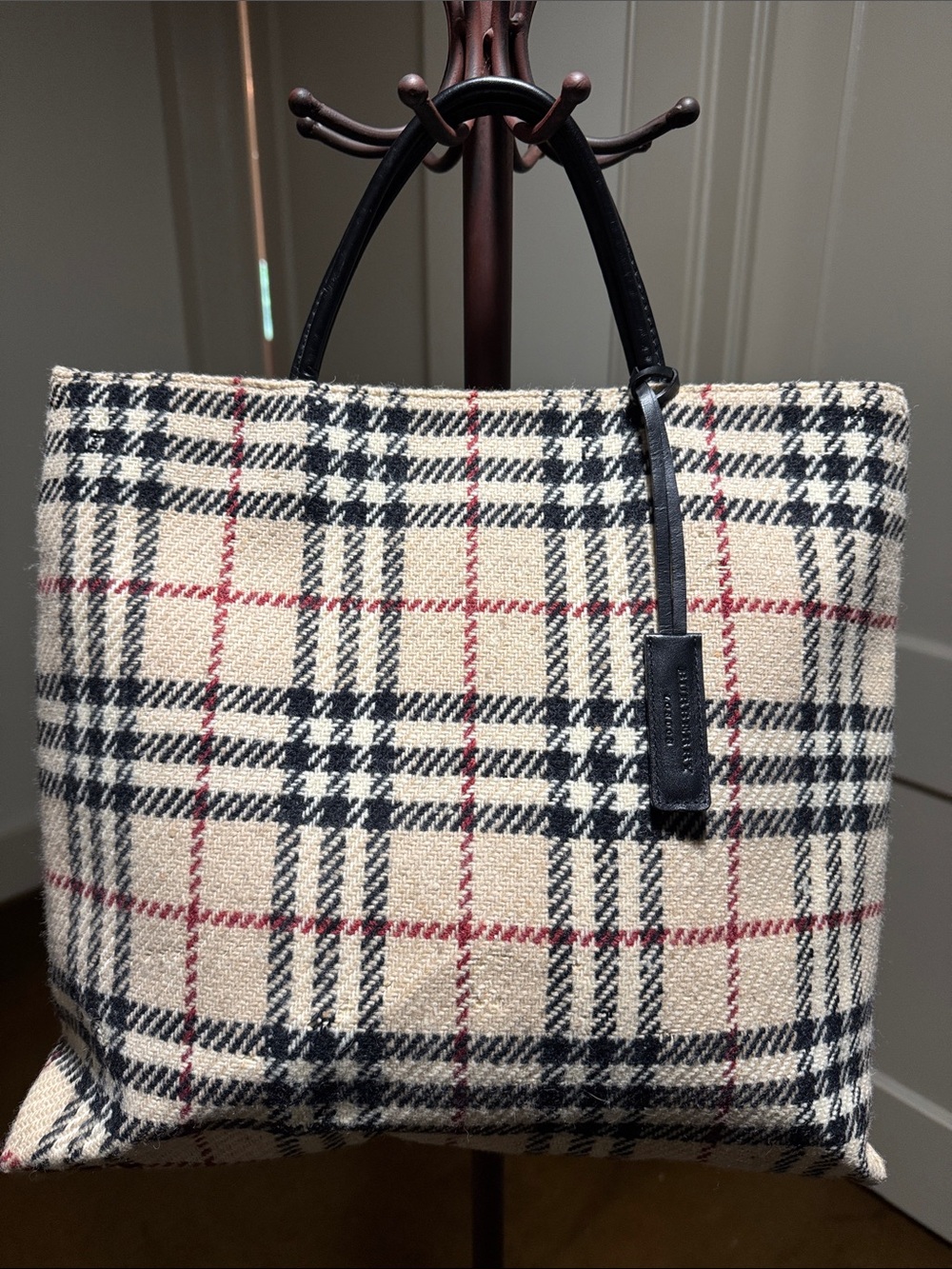 Burberry Vintage Plaid Wool-Blend Tote in Cream, Black and Red